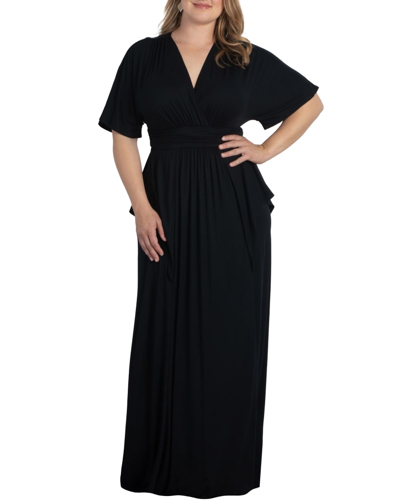 Front of a model wearing a size 0X Indie Twist Maxi Dress in BLACK NOIR by Kiyonna. | dia_product_style_image_id:272184